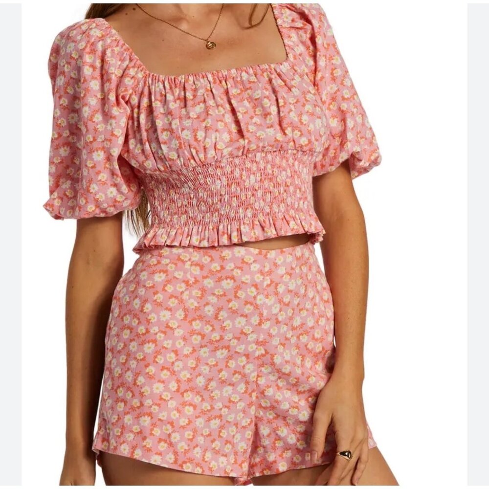 Billabong Only You Y2K 2 pc Crop Top Shorts Pink Floral Size Large Shorts Small